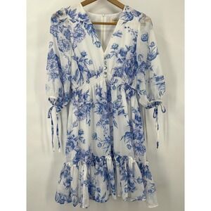 Taylor Women 8 Blue White Floral Toile Chiffon Smocked Ruffle Dress Coquette